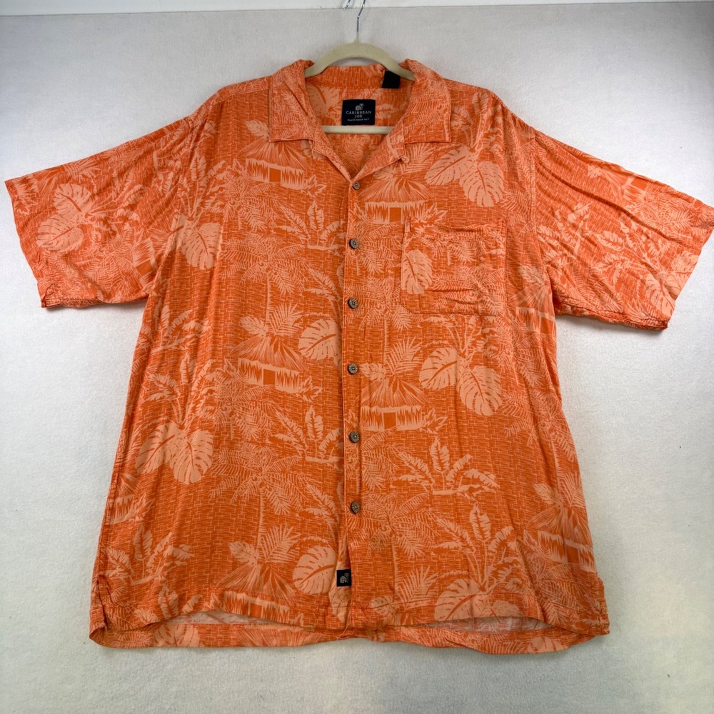 Caribbean Joe Mens Large Orange Tropical Palm Leaf Rayon Camp Shirt Short Sleeve
